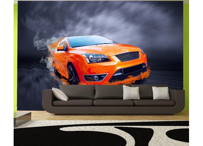 Фотообои Красивый оранжевый спортивный автомобиль в огоне