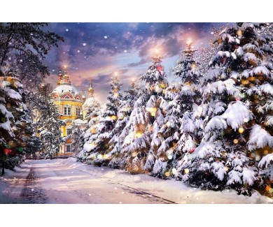 Фотообои Церковь, елки с подсветкой в снегопад