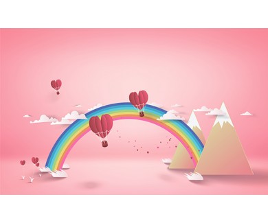 Фотообои Воздушные шары в форме сердца, летающие над горой