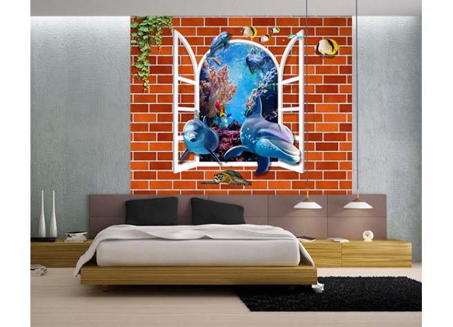 Фотообои Кирпичная стена с дельфинами из окна
