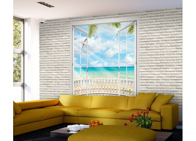 Фотообои Кирпичная стена и окно с видом на пляж