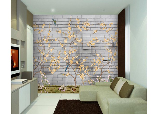 Фотообои Птицы и деревья на фоне кирпичной стены