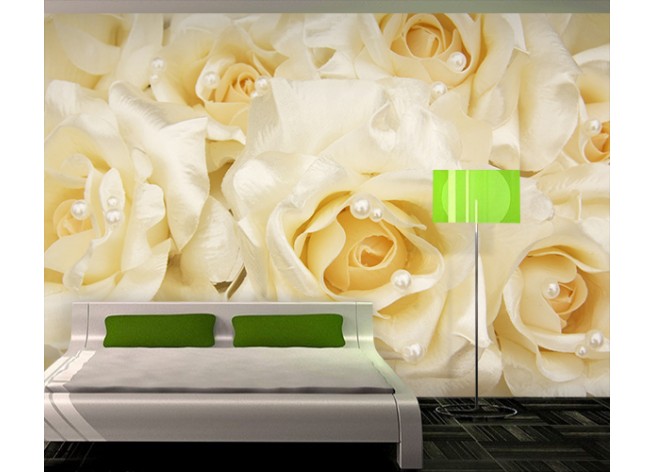 Фотообои Белые шелковые розы с кремовым жемчугом