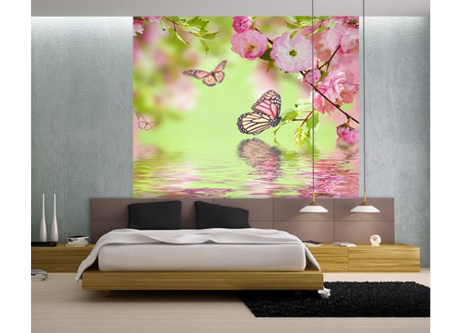 Фотообои Розовый цветок сакуры и бабочки