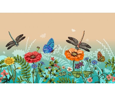 Фотообои Стрекозы, бабочки и цветы