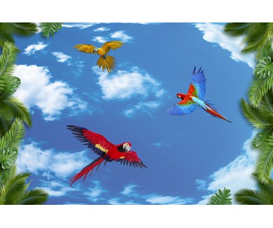 Фотообои Пальмы и попугаи на фоне голубого неба.