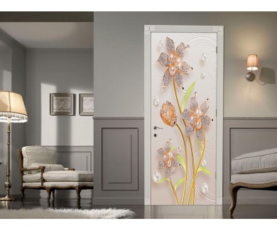 Наклейка на дверь Красивый цветок на фоне декоративного рисунка
