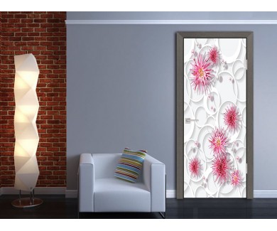 Наклейка на дверь Розовые хризантемы и жемчуг