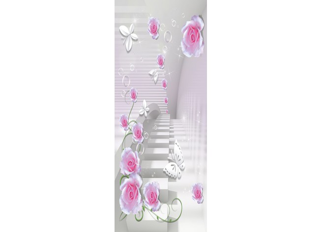 Наклейка на дверь Туннель с розовыми цветами