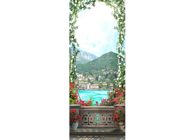 Наклейка на дверь Арка из цветов на фоне гор
