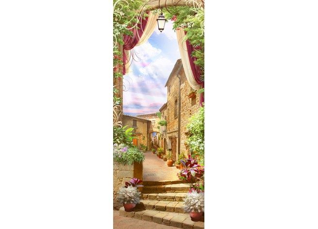 Наклейка на дверь Итальянский старый балкон с цветочным горшком