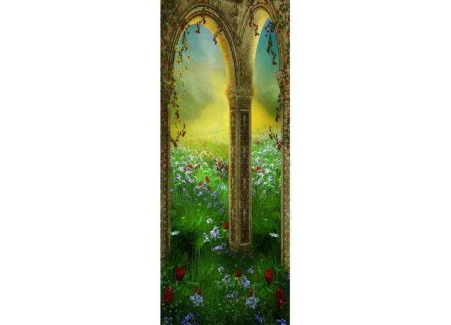 Наклейка на дверь Летний пейзаж с арками и розами