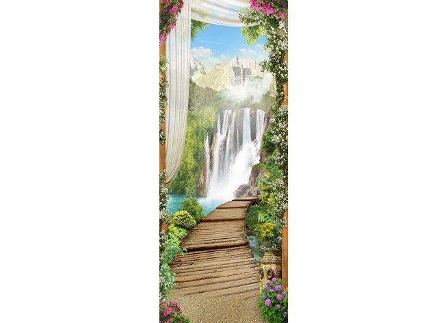 Наклейка на дверь Вид на деревянный мост на водопад и замок