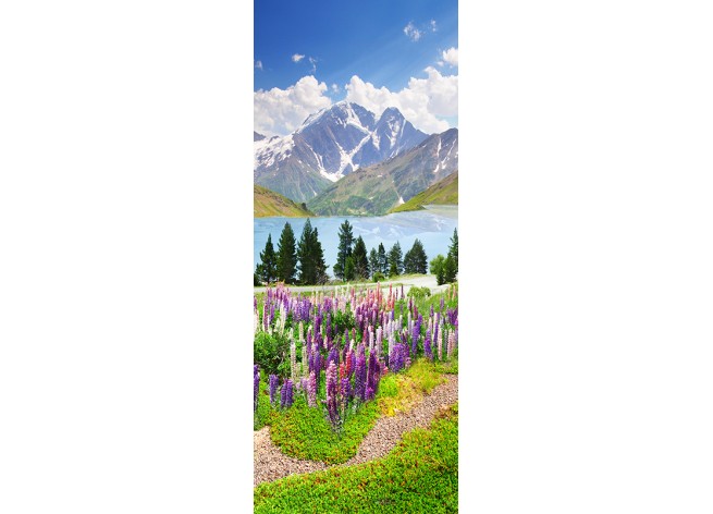 Наклейка на дверь Цветы и горы