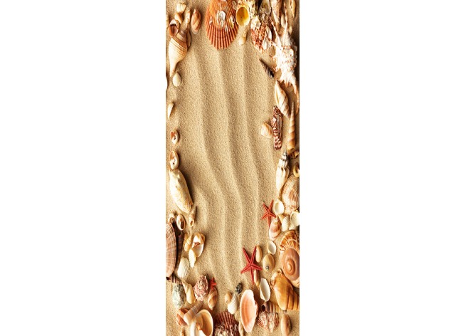Наклейка на дверь Морские раковины с песком в качестве фона