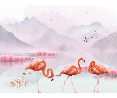Фотообои Розовые фламинго с видом на горы