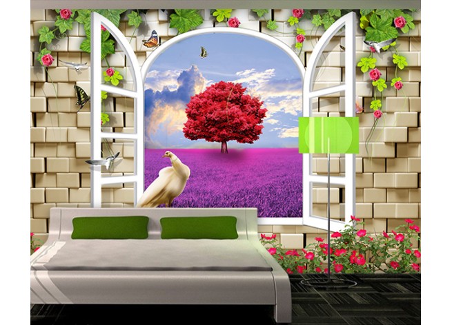 Фотообои Окно с видом на пейзаж и птиц павлина