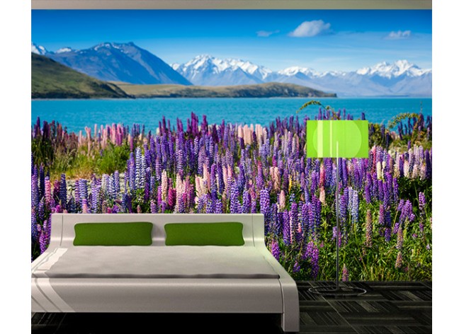 Фотообои Горное озеро с цветущими лупинами