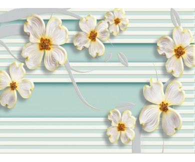 Фотообои Желто-белые цветы на полосатом фоне