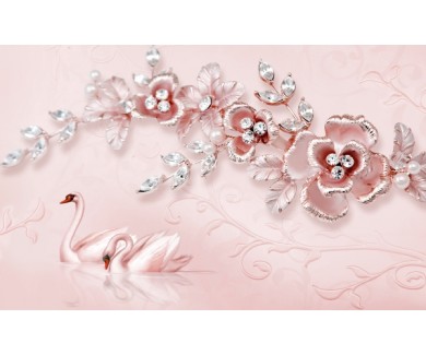 Фотообои Розовые цветы и лебеди