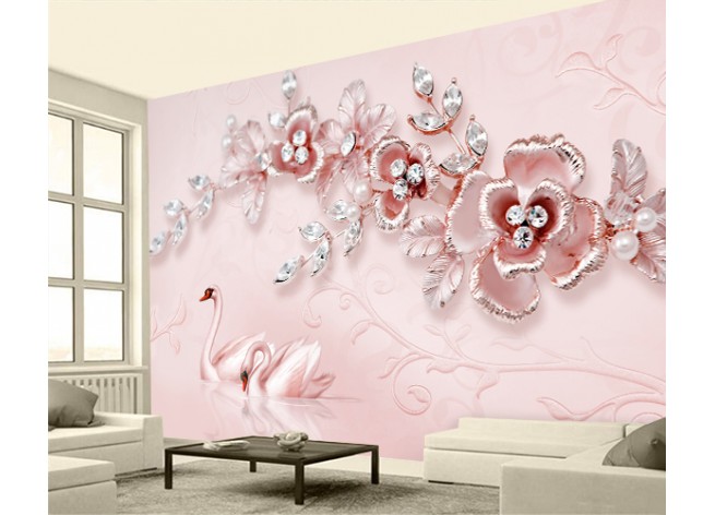 Фотообои Розовые цветы и лебеди