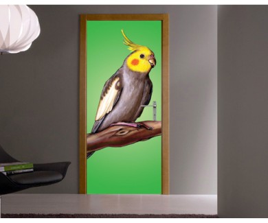 Наклейка на дверь Попугай сидящий на ветке дерева