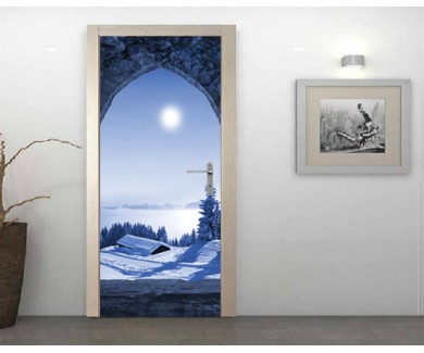 Наклейка на дверь Окно замка с видом на зимний пейзаж